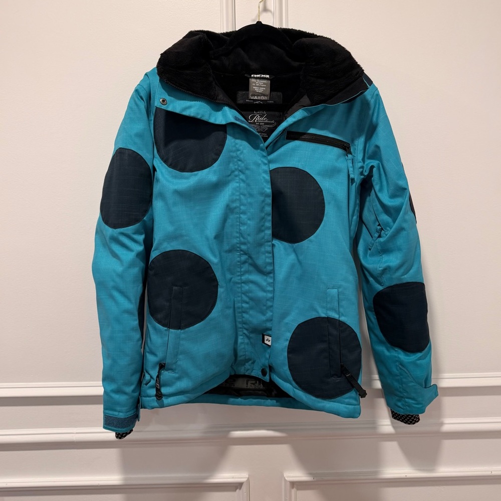 Ride Snowboards Women’s Size‎ S Teal Black Polka Dot Ski Jacket Hooded Insulated